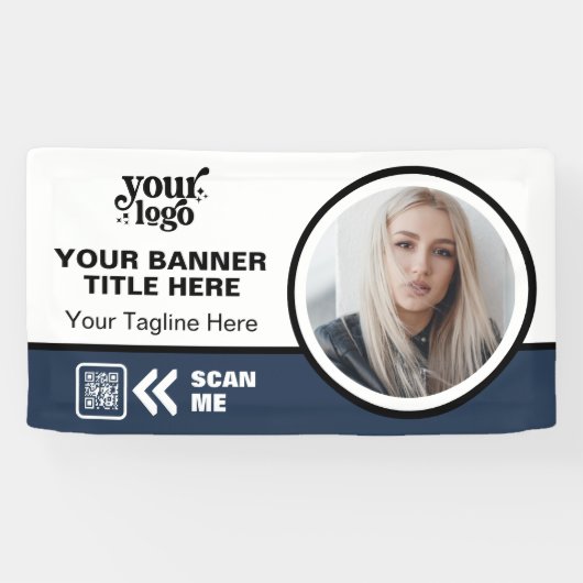 Business Logo QR Code Foto Binnen Outdoor Blauw Spandoek (Horizontaal)