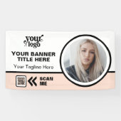 Business Logo QR Code Foto Binnen Outdoor Roze Spandoek (Horizontaal)