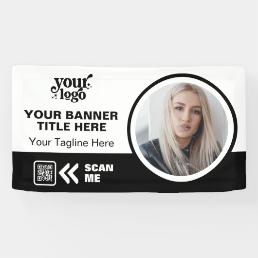 Business Logo QR Code Foto Binnen Outdoor Zwart Spandoek (Horizontaal)