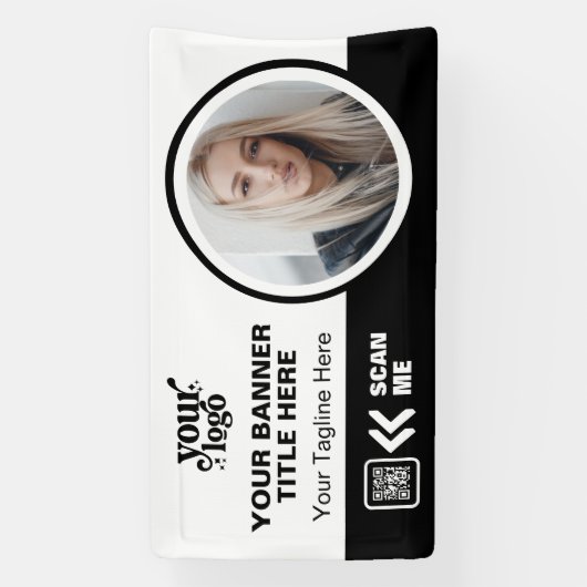 Business Logo QR Code Foto Binnen Outdoor Zwart Spandoek (Verticaal)