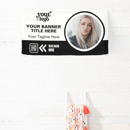 Business Logo QR Code Foto Binnen Outdoor Zwart Spandoek (Insitu)