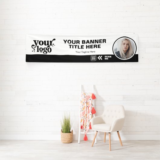 Business Logo QR Code Foto Binnen Outdoor Zwart Spandoek (Insitu)