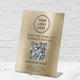Business Logo QR Code Gold Reclamebord Met Voetstuk