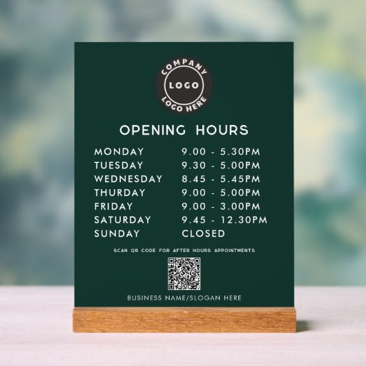 Business Logo QR Code Opening Hours Green Acryl Bord (Neutraal)