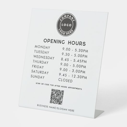 Business Logo QR Code Opening Hours Reclamebord Met Voetstuk (Voorkant)