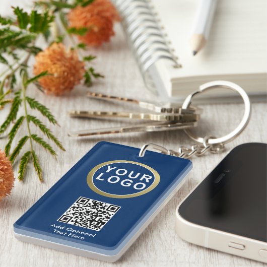 Business Logo QR Code Sleutelhanger | Blauw (Voorkant Rechts)