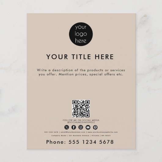 Business Logo QR Code Social Media Beige Flyer (Voorkant)