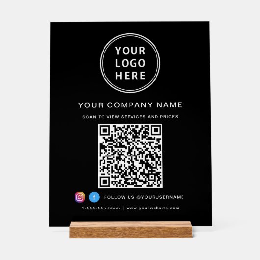 Business Logo QR Code Social Media Black Acryl Bord (Voorkant)