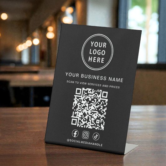 Business Logo QR Code Social Media Black Reclamebord Met Voetstuk