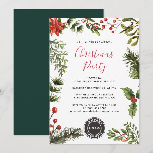 Business Logo Red Berries Script Kerstfeest Kaart (Voorkant / Achterkant)