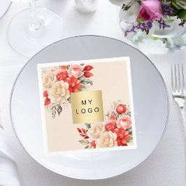 Business logo rode ivoren bloemen beige crème servet