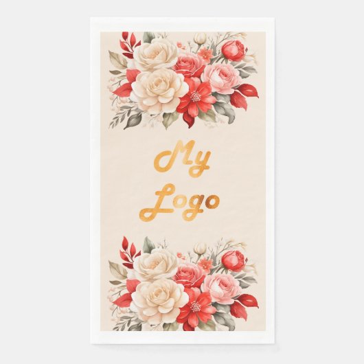 Business logo rode ivoren bloemen crème beige servet (Voorkant)