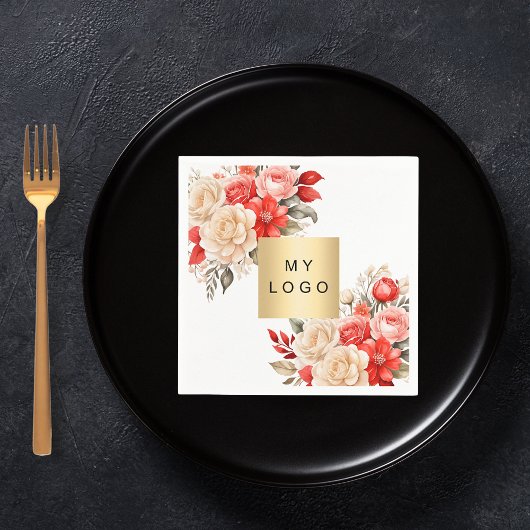 Business logo rode ivoren bloemen wit servet