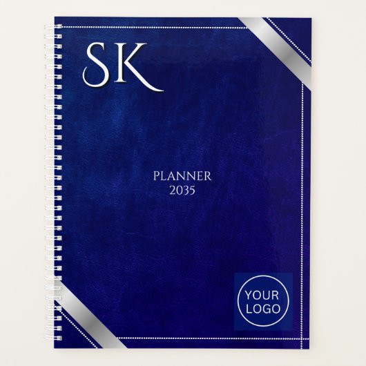 Business Logo Royal Blue Leather 2026 Custom Planner (Voorkant)