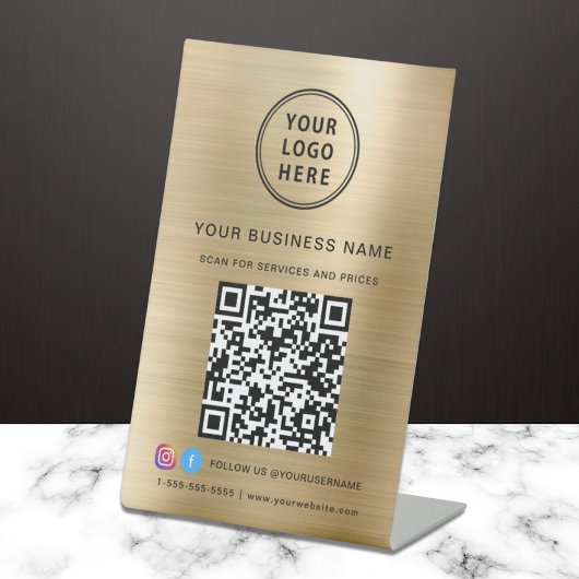 Business Logo Scan me QR Code Social Media Gold Reclamebord Met Voetstuk