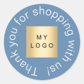 Business logo stoffig blauw bedankt ronde sticker (Voorkant)