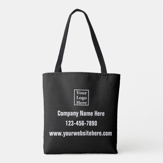 Business Logo Telefoon Website Contact Info Zwart Tote Bag (Achterkant)
