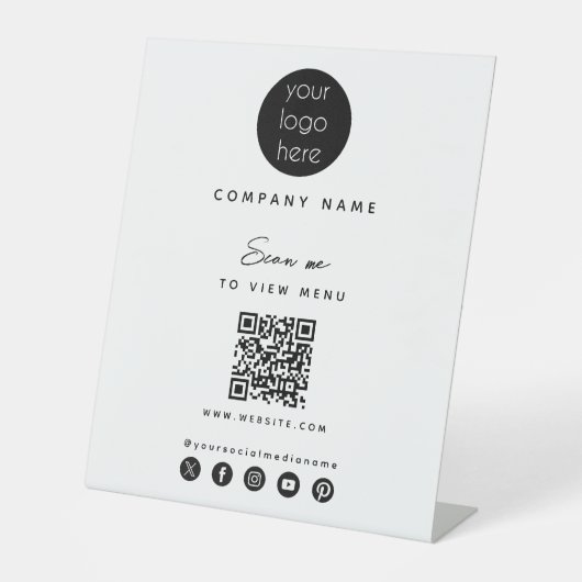 Business Logo Uitzicht Menu QR Code Social Media Reclamebord Met Voetstuk (Voorkant)