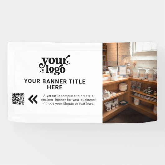 Business Logo Zwart-wit Moderne QR Code Foto Spandoek (Horizontaal)