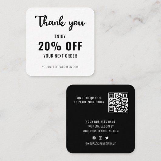 Business Loyalty Promo Elegant QR Code Black White Kortingskaartje (Voorkant / Achterkant)