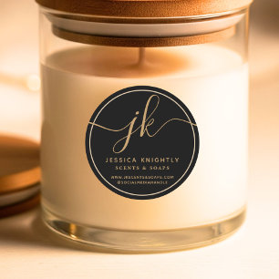 Business Monogram Script Logo Contact Zwart Goud Ronde Sticker