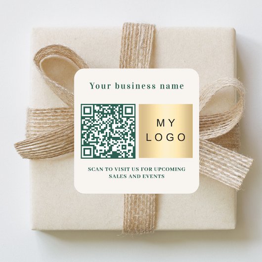 Business name ivory emerald green logo qr code vierkante sticker
