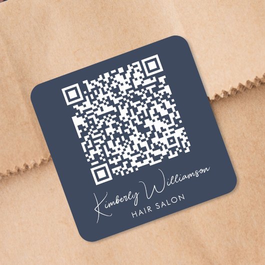 Business Name Signature Script QR Code Blue Vierkante Sticker