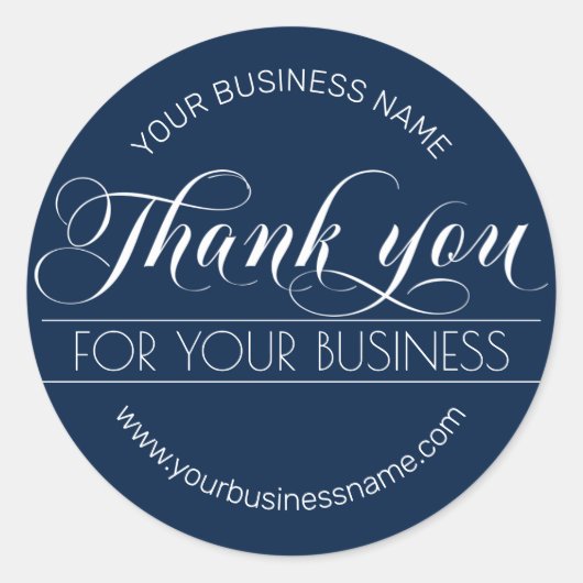 Business Navy Blue White Calligraphy Dank je Ronde Sticker (Voorkant)