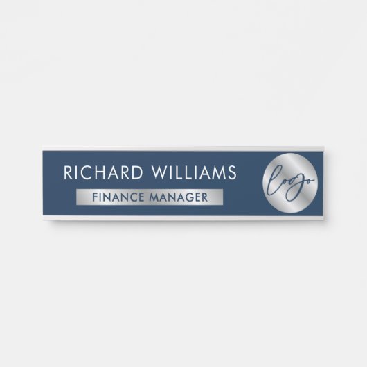 Business Navy & Silver Logo Personeelsnaam Functie Deurbordje (Voorkant)