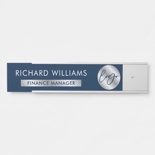 Business Navy & Silver Logo Personeelsnaam Functie Deurbordje (Voorkant)