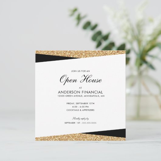 Business Open Huis Zwart en Goud Glitter Kaart (Staand voorkant)