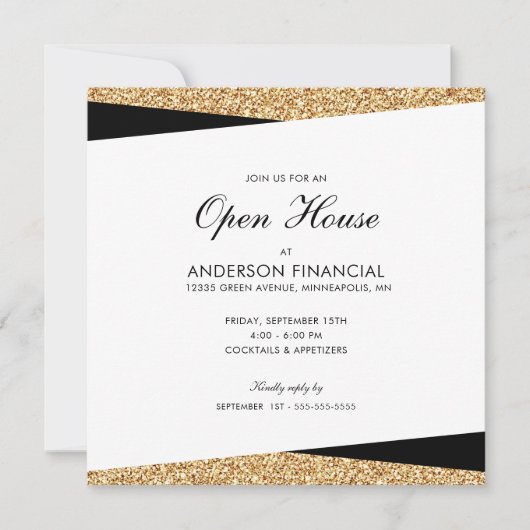 Business Open Huis Zwart en Goud Glitter Kaart (Voorkant)