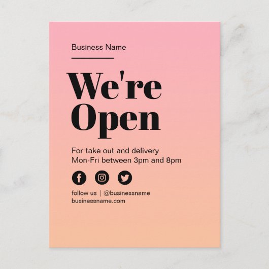 Business Open Sign Roze Sinaasappel Sunset Gradien Aankondigingskaart (Voorkant)