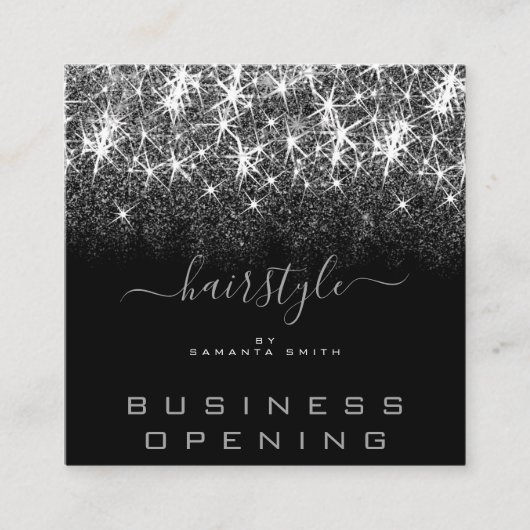 Business Opening Hair Stylist Silver Glitter Spark Vierkante Visitekaartje (Voorkant)