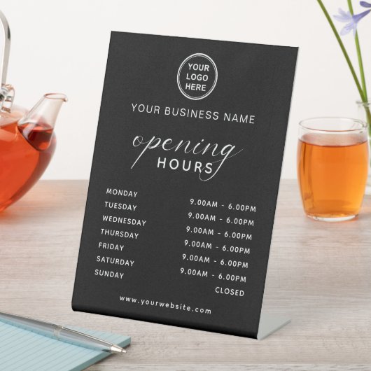 Business Opening Hours Display Sleek Black Reclamebord Met Voetstuk (Insitu)