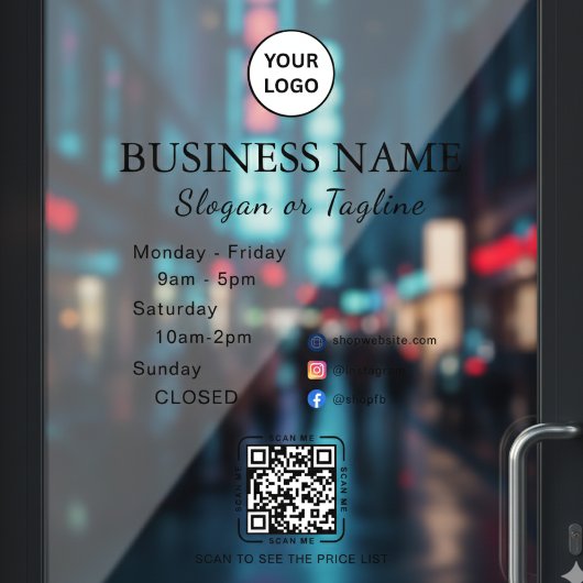Business Opening Hours Modern Script & Qr, Social Raamsticker