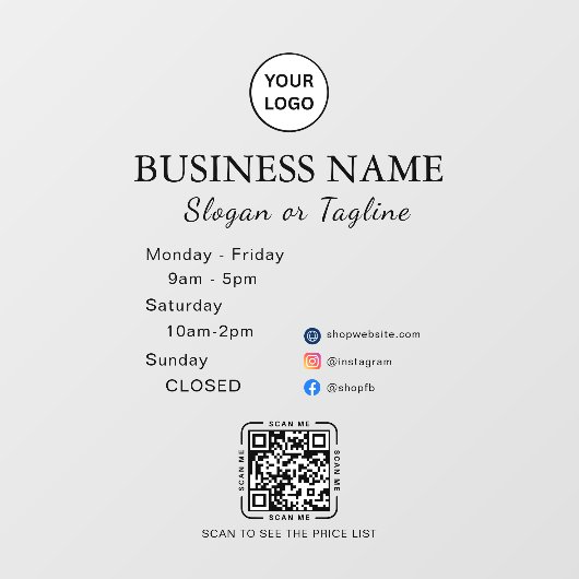 Business Opening Hours Modern Script & Qr, Social Raamsticker (Vel)
