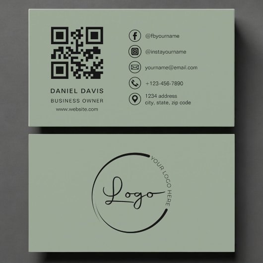 Business Owner Sage Green Logo QR Code  Visitekaartje