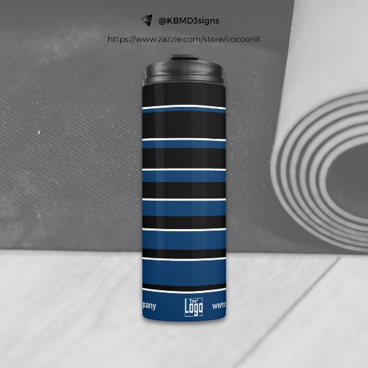 Business Promo Logo Naam QR-code WWW Blauw Wit Thermosbeker