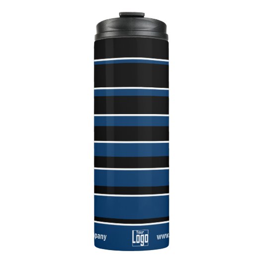 Business Promo Logo Naam QR-code WWW Blauw Wit Thermosbeker (Voorkant)