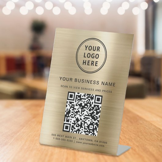 Business QR Code en Logo Metallic Gold Reclamebord Met Voetstuk