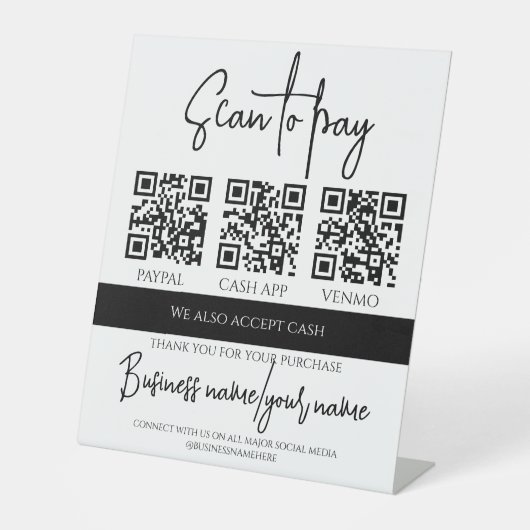 Business Scan to Pay Personalized 3 QR Code Reclamebord Met Voetstuk (Voorkant)