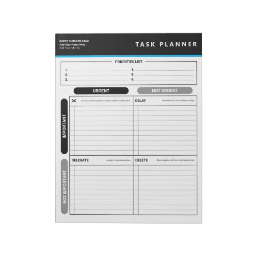 Business Task Planner Priority Matrix Notepad Notitieblok (Linkerzijde)