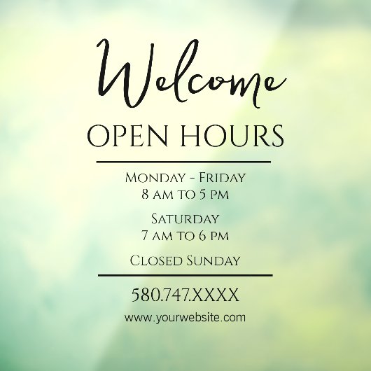 Business Welkom en Open Hours Website Venster Raamsticker (Vel 3)
