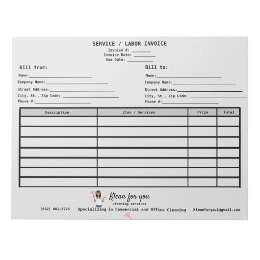 Business White Factuurreinigingsbedrijf Notitieblok (Voorkant)