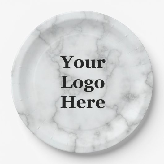 Business Your Logo Faux White Marmer Papieren Bordje (Voorkant)