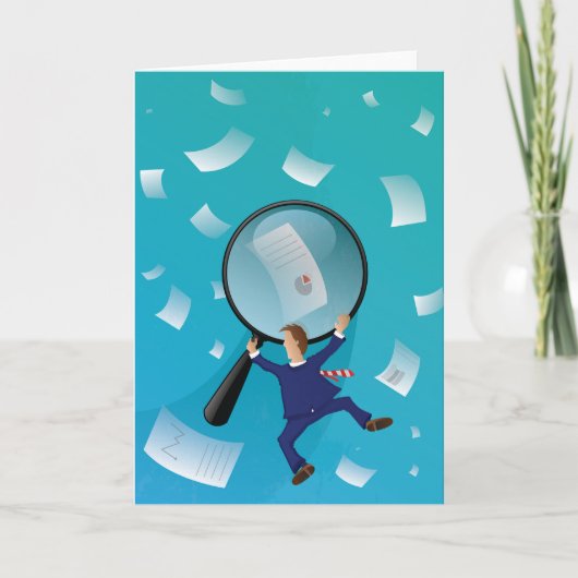 Businessman Giant Magnifying Glass Flying Papers Kaart (Voorkant)
