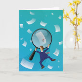 Businessman Giant Magnifying Glass Flying Papers Kaart (Gele Bloem)