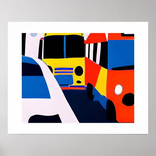 Bussen en auto's in primaire kleuren Afdrukken Poster (Voorkant)