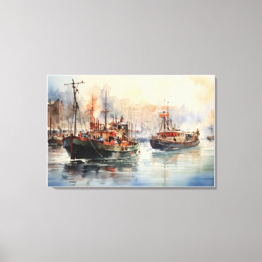 Bustling Tug boats Watercolor Canvas Afdruk (Voorkant)